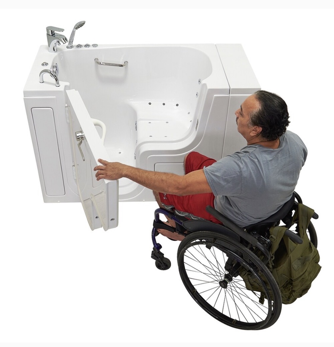 Wheelchair transfer into an accessible hydrotherapy walk-in tub